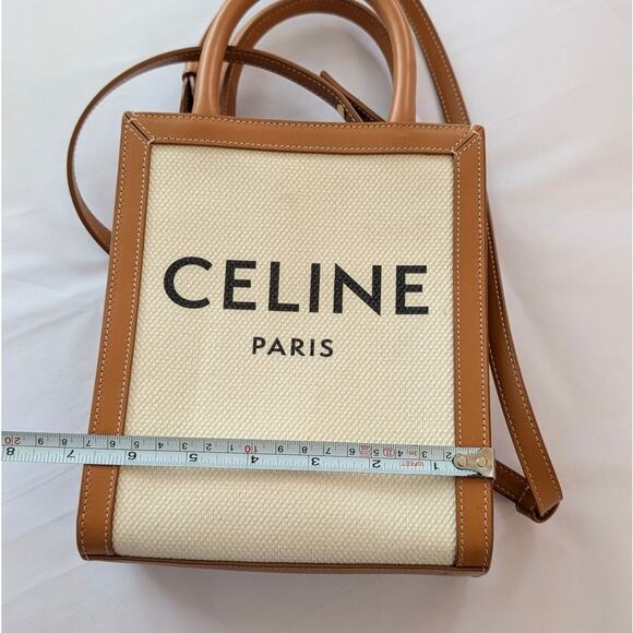Celine Tan/Natural Mini Cabas Vertical Leather/Textile Logo Tote Bag - Picture 10 of 12